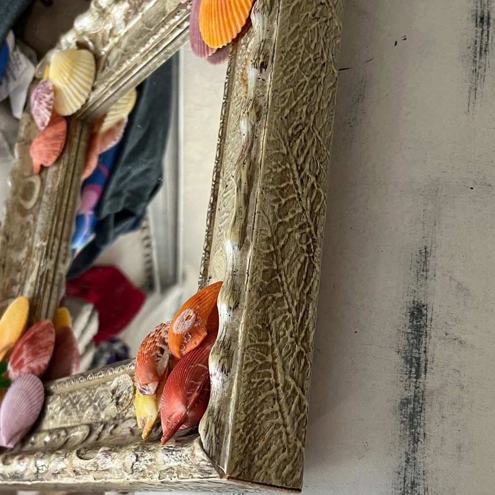Antique Mirror Coastal Decor Colorful Shells Glass Starfish Handmade 12 x 12